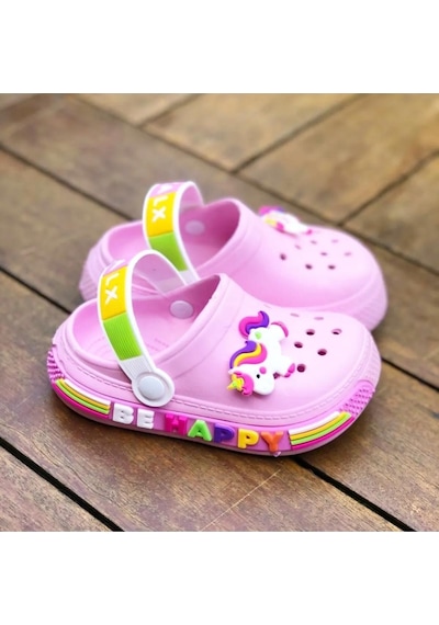 Minibonito Kız Çocuk Unicorn Figürlü Kaydırmaz Taban Terlik Sandalet Pembe