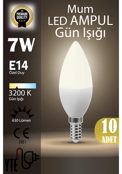 10 Adet Kaliteli Gün Işığı 7w Mum Led Ampul E14 Duy