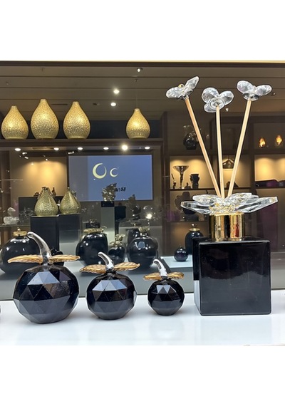 Dekoratif Kristal 7 Parça Set Üçlü Elma Ve Koku Şişesi Siyah Gold 01