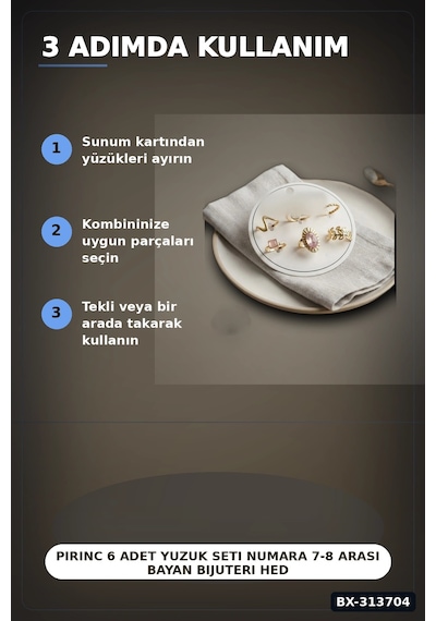 Pirinc 6 Adet Yuzuk Seti Numara 7-8 Arasi Bayan Bijuteri Hediyelik Ton Bx-313704 Çok Renkli