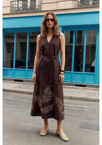Sateen Nakışlı Kolsuz Elbise - Koyu Kahve-137492 Koyu Kahverengi