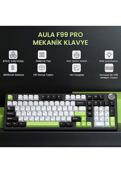 Aula F99 Pro 3 Modlu Rgb Hot Swap Mekanik Star Vector Switch Kablosuz Makrolu Klavye Yesil