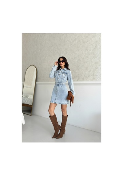 Kene Jeans Kadın Buz Kar Ön Pensli Lazer Yırtık İşlemli Kot Elbise Buz Kar