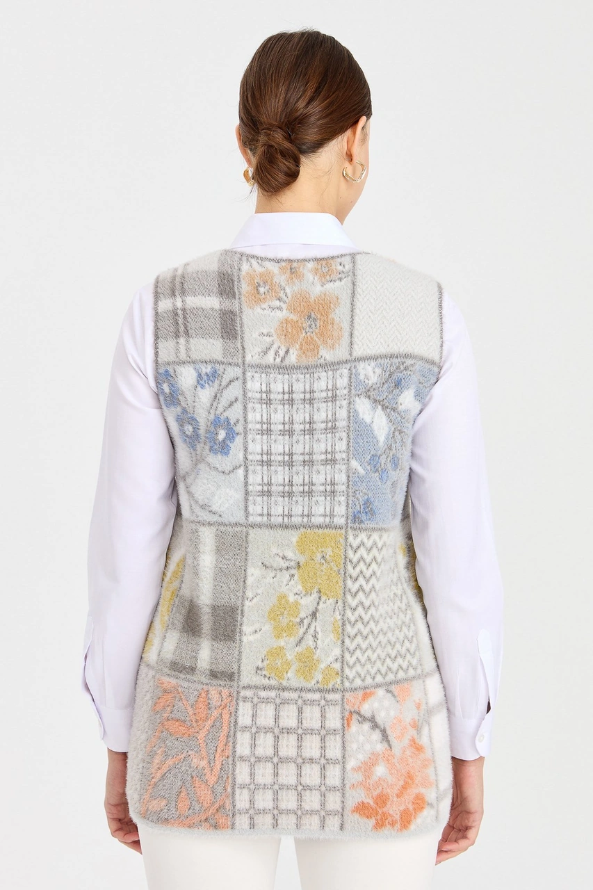 Desen Triko Kadın Sıfır Yaka Patchwork Yelek K.gri K.GRİ