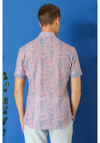 Efor Slim Fit Düğmeli Yaka Desenli Kısa Kol Pamuk Lila Gömlek G 1499 Lila