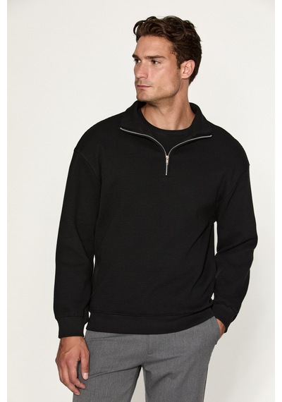 Grımelange Helor Erkek Organik Pamuklu Fermuarlı Dik Yaka Siyah Sweatshirt