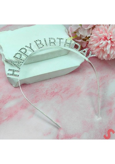 Kristal Taşlı, A Kalite Metal Happy Birthday Taç - Gümüş
