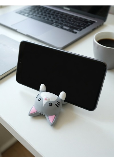 Gri Kedi Figürlü Telefon Tutucu Stand - 3d Baskı Ofis Masaüstü Aksesuarı Ve Biblo