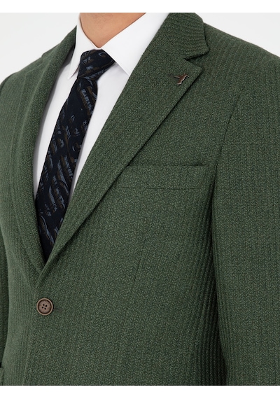 Cacharel Haki Slim Fit Yün Karışımlı Balıksırtı Spor Ceket Yesıl