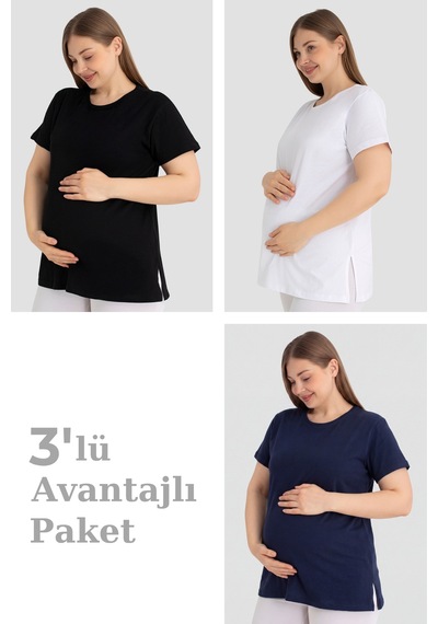 Arma Yıldız Pamuklu Kısa Kollu Hamile Tişört 3'lü Paket Yumuşak ve Rahat Hamile Giyim Beyaz - Lacivert - Siyah
