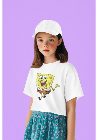 Sevbano Süngerbob Baskılı Unisex Çizgi Film Çocuk Tişört 1-12 Yaş Beyaz