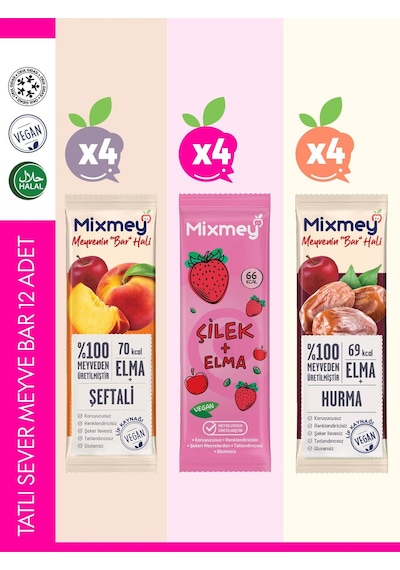 Mixmey Tatlı Sever Meyve Barı – 12 Adet | Atıştırmalıklar – Vegan, Glutensiz (20GR X 12 ADET)