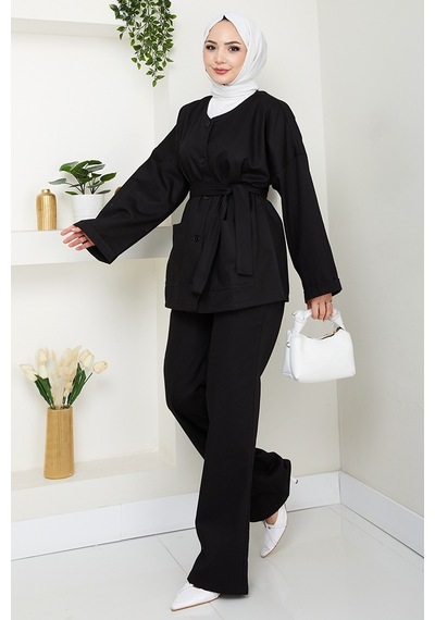Bestenur Kemerli Ceket Pantolon Gabardin Takım 1557 - Siyah Siyah