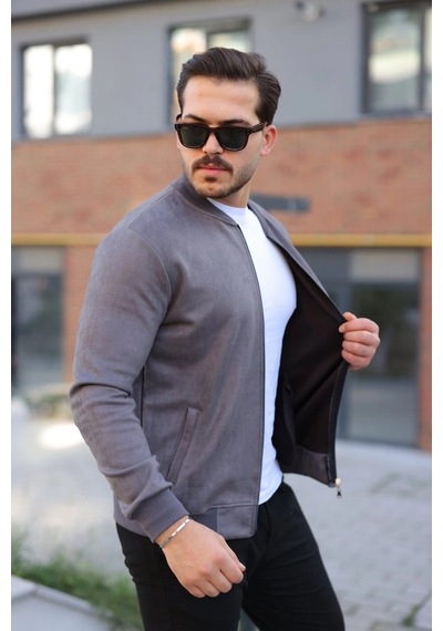 Valensdesign Erkek Scuba Süet Kumaş Bomber Hırka Antrasit
