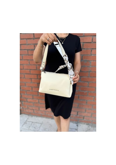 Just Polo Kadın Premium Şal Detaylı Yumuşak Deri Ayarlanabilir Askılı Çapraz El Ve Omuz Çantası Ebat : 28 X 18 Cm Krem