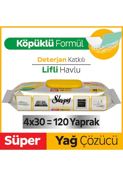 Sleepy Easy Clean Süper Yağ Çözücü Yüzey Temizlik Havlusu&Mendili 4x30 (120 Yaprak)