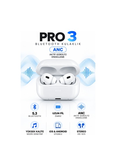 Pro 3 Anc Aktif Gürültü Engelleme Premium Bluetooth Kablosuz Kulaklık Stereo Hd Ses, İos Ve Android Uyumlu