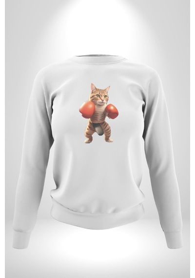 Boks Yapan Kedi Unisex Beyaz Baskılı Sweatshirt Beyaz