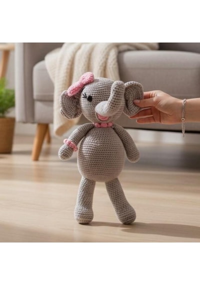 El Yapımı Amigurumi Oyuncak Fil 29 Cm Pelüş Açık Gri