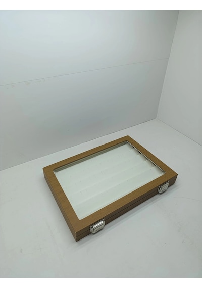 Cam Kapaklı Deri Kumaş Kahve-beyaz Renk 34 Cm / 24 Cm Küpe Sergileme Standı
