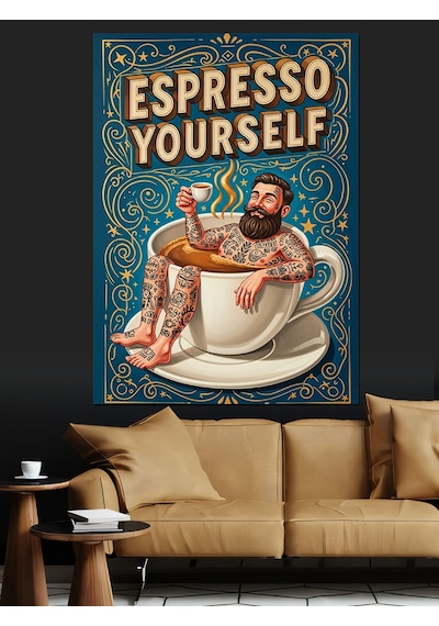 Ahşap Tablo Espresso Kendini Şımart Sloganı İnsan Figürlü Tablolar