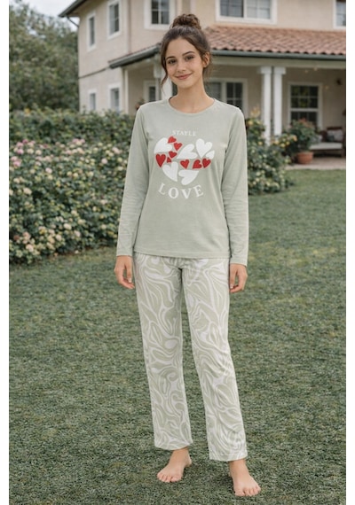 Rindahomewear Kadın Love Baskılı Süprem Uzun Kol Pijama Takımı Haki