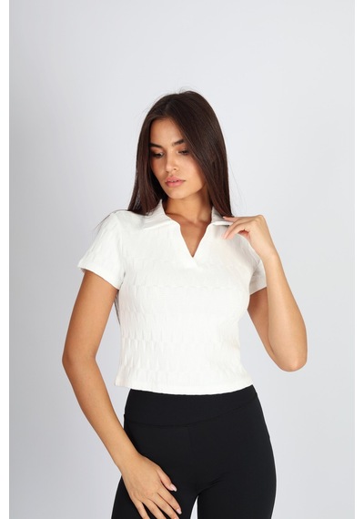 Soft&Basic Polo Yaka Raporlu Jakar Crop Fit T-shirt Ekru