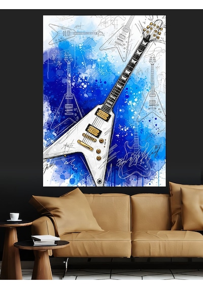 Ahşap Tablo Fly Kasa Elektro Gitar Ve Mavi Arka Fon