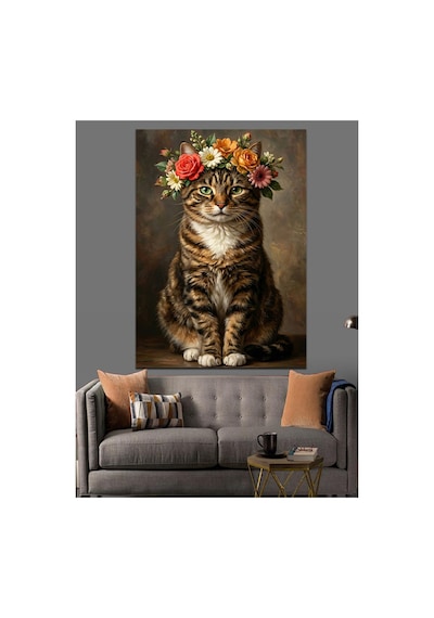 Çiçek Tacı Takmış Masum Kedi Portresi Yağlı Boya Dokulu Kanvas Tablo Canvas Tablosu