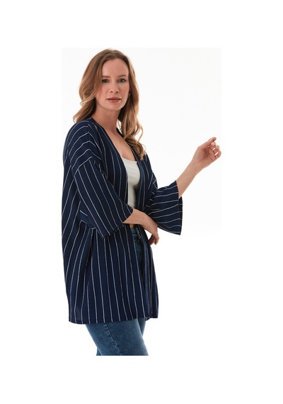 Fullamoda Çizgili Bürümcük Kumaş Kimono Lacivert