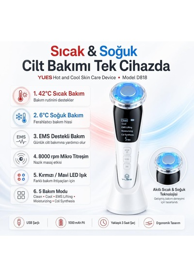 Hot & Cool Ems Cilt Bakım Cihazı, Sıcak Soğuk Yüz Masaj Aleti, Led Işık Destekli, Mikro Titreşimli, Şarjlı Yüz Bakım Cihazı, Temizleme, Nemlendirme Ve Bakım Modları, Model D818