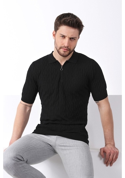 Ferraro Siyah Polo Yaka Fermuarlı Erkek Pamuk Triko T-Shirt-Siyah (417942689) Siyah