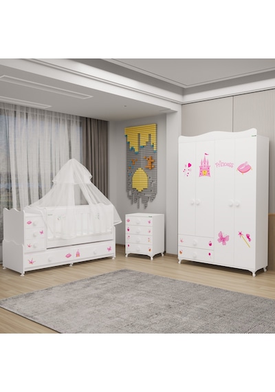 Melina Yıldız 4 Kapaklı Bebek Odası + Yatak + Uyku Seti - Prenses Beyaz