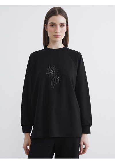 Lcw Modest Siyah Bisiklet Yaka Boncuk İşlemeli Kadın Sweatshirt Tunik
