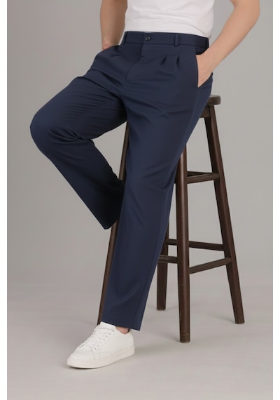 Bürke Çift Pileli Lacivert Beli Lastikli Rahat Bol Kesim Baggy Pantolon