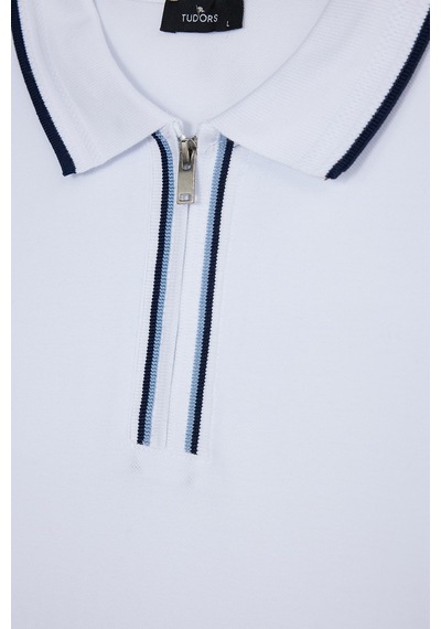 Tudors Erkek Slim Fit Dar Kesim %100 Pamuk Uzun Kollu Fermuarlı Beyaz Polo Yaka Tişört-52785