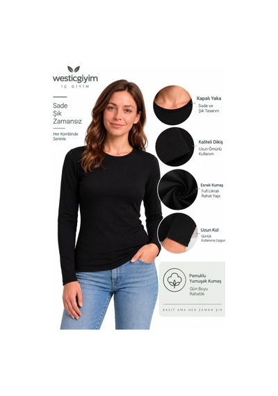 Westicgiyim Kadın Siyah Uzun Kollu Basic T-shirt Kapalı Bisiklet Yaka Full Likralı Esnek Pamuklu