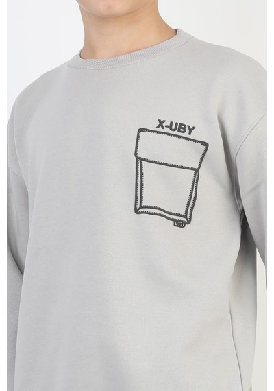 Baskı Detaylı Bisiklet Yaka Erkek Çocuk Sweatshirt-90910 Gri