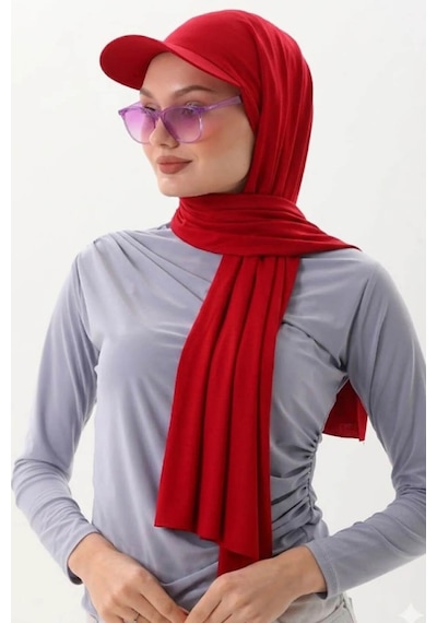 Aldaıyr Şapkalı Boneli Hazır Şal Hijab Sandy Kırmızı 91111595