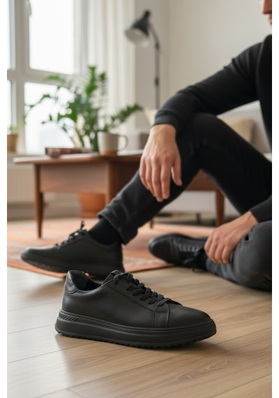 Enoch Hakiki Deri Siyah Mikro Dokulu Erkek Sneaker Ortopedik Taban Siyah