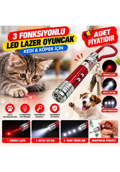Gees Global 3 Fonksiyonlu Kırmızı Beyaz Işıklı Led Lazer Kedi Köpek Oyuncak Anahtarlık - 1 Adet Stokta Olan Renk Gönderilir Gbzs