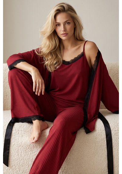 Siyah İnci 3'lü Soft Touch Ince Örme Sabahlık Takım Bordo