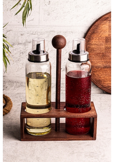 Boily - Ahşap Stantlı 2'li 500 ml Borosilikat Zeytinyağı Sıvıyağ Şişesi Yağdanlık Yağlık
