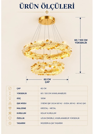 Modern Premıum Gold Led Avize 3 Renkli Lüks Sarkıt Salon Yemek Odası Avizesi 100w Beyaz