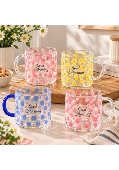 Çemi 6 Adet Borosilikat Cam Kupa 'good Morning' Yazılı Papatya Desenli Isıya Dayanıklı Cam Kahve & Çay Kupası Seti Şeffaf
