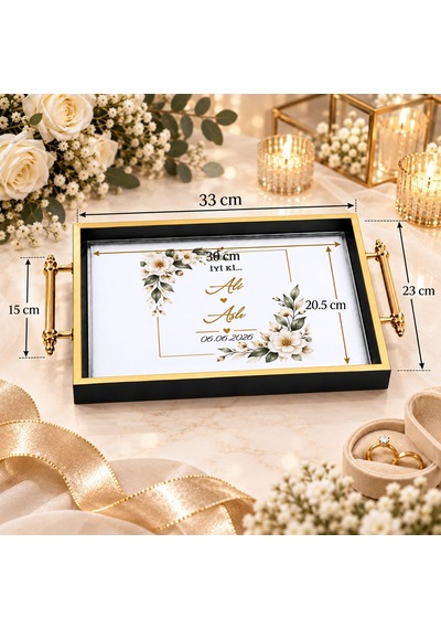 Bk Gift Kişiye Özel Siyah&gold Söz Nişan Tepsisi-4 - 39x23 Cm Çok Renkli