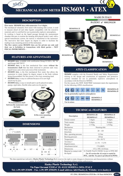 Hasley Hs360M3A1 Ex-Proof Atex Mazot Sayacı Italyan Malı