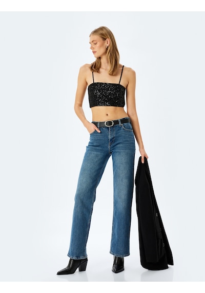 Koton Pullu Payetli İnce Askılı Crop Atlet Siyah 5sak30002fk Siyah