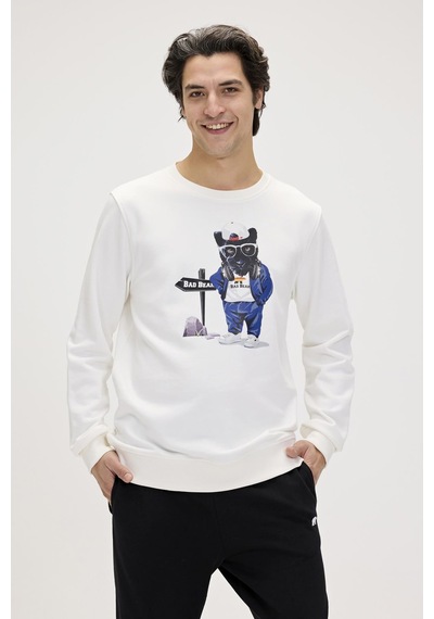 Bad Bear Panther Crewneck Off White Erkek Beyaz Bisiklet Yaka Sweatshirt 001