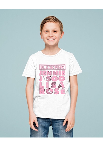 Sevbano Blackpink Müzik Grubu Baskılı Unisex Çocuk Tişört 1-12 Yaş Beyaz